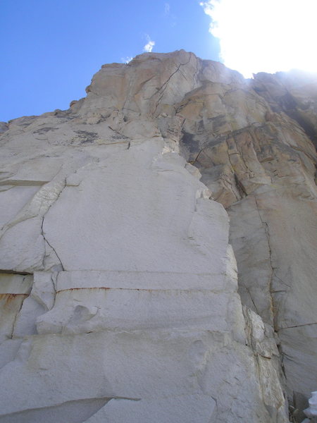 The route goes up the obvious thin crack and then through the amazingly gorgeous splitter hand crack.