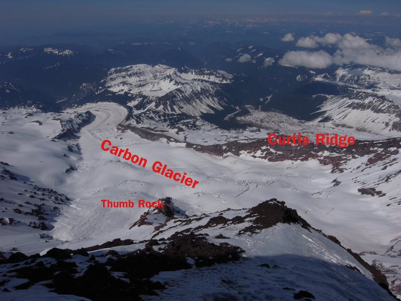 Early season looking SE onto the Carbon Glacier from Liberty Ridge at 12,000ft. <br>
<br>
Curtis Ridge spans the right side of the photo. Be sure to exit Curtis Ridge onto Carbon Glacier at a weakness around 7500ft.