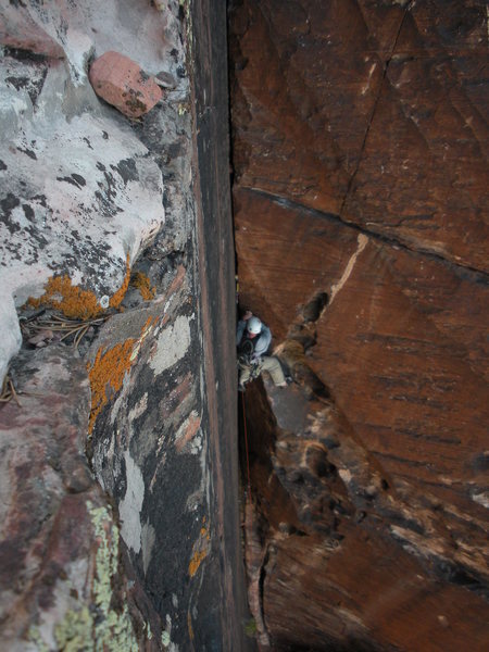 Joe, mid-way through pitch 7. Great gear placements the whole way up.