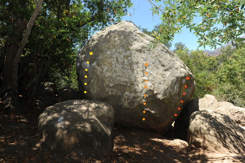 Caretaker Boulder, Skofield Park<br>
Yellow: Igemma (V3)<br>
Orange: Stihl (V1+)<br>
Red: Zerreissen (V4)<br>