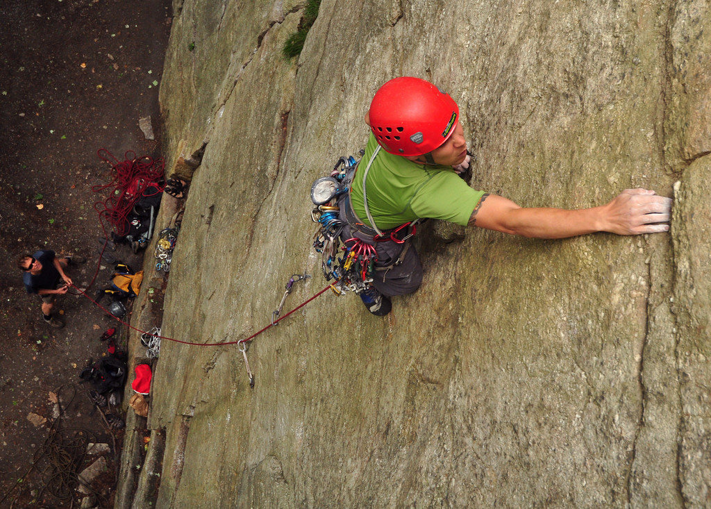 Josh Byford climbing past the shaky flake (covered by his left hand).