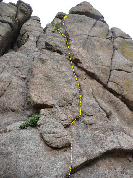 View of the middle and upper portions of Tom Thumb. Note third bolt on Broken Arrow to the right of the route, which can be clipped with a runner.