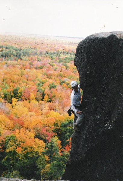 Looking at Rated P.G. from the side at the top of the cliff band. Circa Fall 1997.
