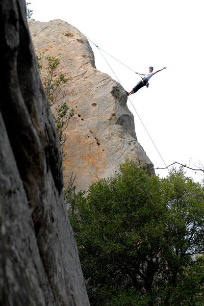 Audrey Walzer lowers off after a successful run up Peels of Laughter, at San Ysidro.
