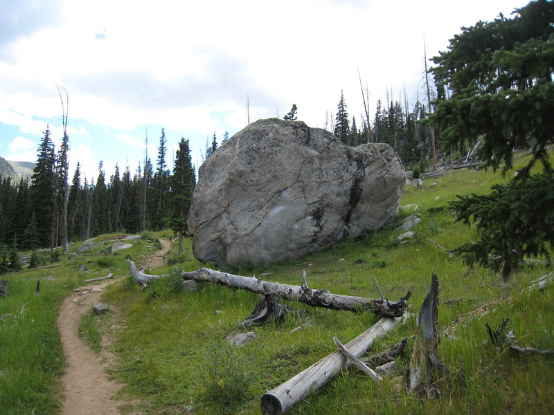 The "Trailside Boulder". The fork for Area A is 5 minutes beyond this boulder.