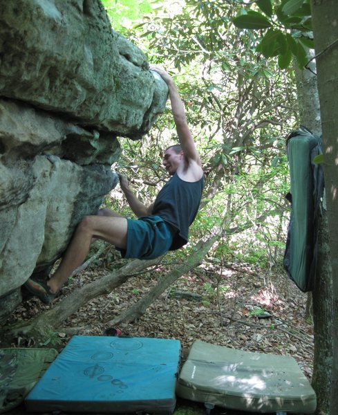 Steve hitting the "turtle shell" sloper on terrapin top out.