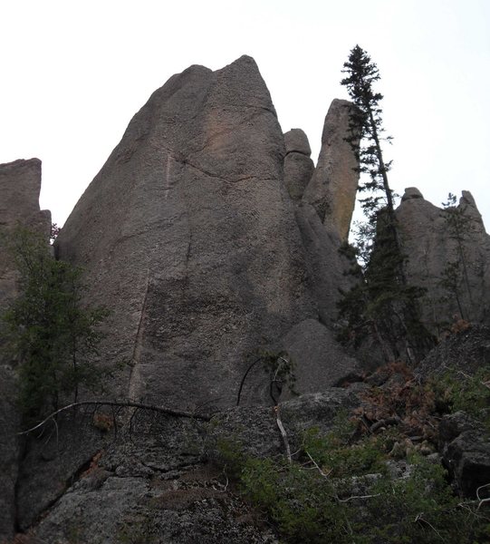 Moby Dick taken from the road. As you drive from the Needle's Eye when you reach the Switchbacks you first pass the Totem Pole, then Picture Rock (both on your left), fifty yards farther down the road Moby Dick will be on your right. There is a pull out big enough for two or three cars across the road from Moby Dick.