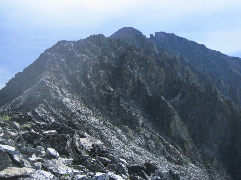 Crazy Peak - The rugged West Ridge route is mainly 3rd Class with a couple of short 4th Class sections. It was a "motha".