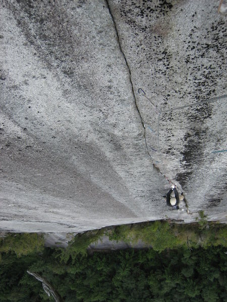 Jon on pitch 6 of the superb piton scarred finger crack.