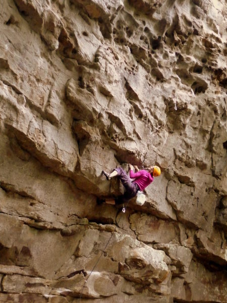 Danielle, setting up for the crux on Fall Line.   