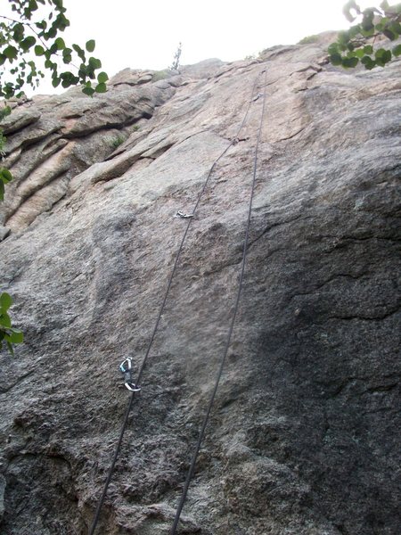 7 bolts to a 2-bolt anchor.  Early crux.  Anyone know what route this is? I'm trying to get my bearings on this rock....