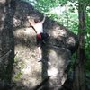 Aaron Parlier, circa 2008, with the second ascent of "badger Milk" (V-0/1),Wild Wood, Grayson Highlands State Park.