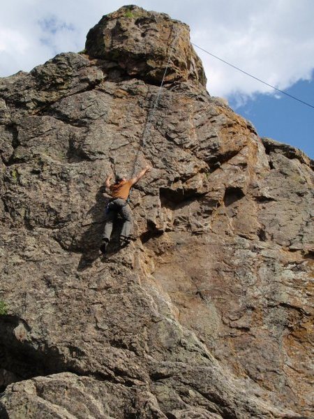 Climbing a bit to the left (we thought 5.9-), but who knows? It was at the end of a great day climbing.