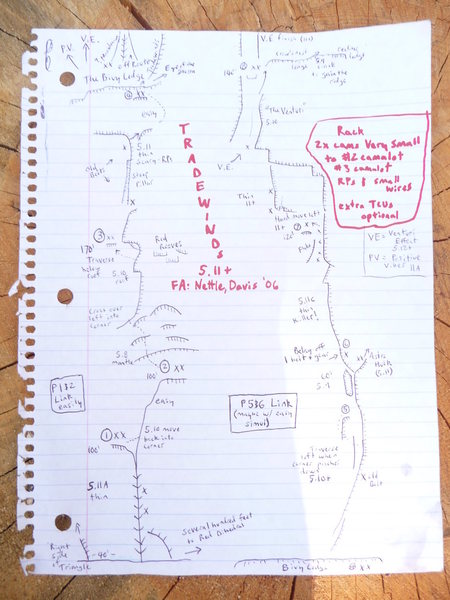 Here's a topo I drew for Tradewinds. It's basically a copy of Dave Nettle's topo, which is available on Supertopo under "Obscurities". Sorry if it's hard to read, I don't have a scanner.