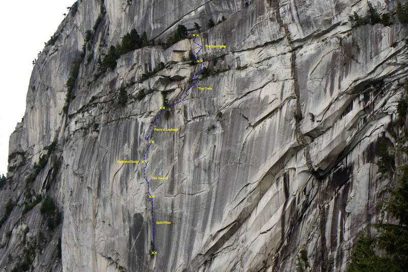The Grand Wall.  The first pitch shown is the Split Pillar, and the last belay station is on the Bellygood Ledge.<br>
<br>
Bolts on the individual pitches are not shown.  All belay stations are 2 bolts + chains and a big fat steel rap ring.