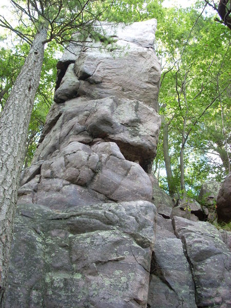 Go-Go Tower. The overhanging ledges on the east side are "Going, Going, Gone" 5.9. Right side of the tower in this pic.<br>
<br>
"Go Go" 5.7 is the SE corner, on the left in this pic.