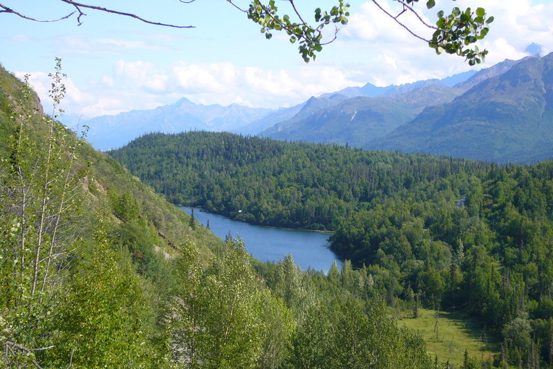 The view of Ravine Lake below the Weekender Wall in Alaska