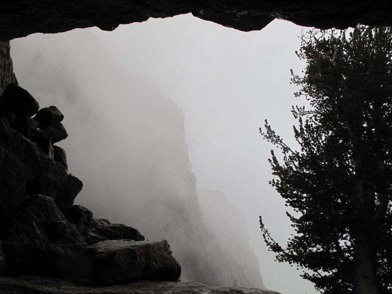 A rainy view of the Arete from Petzoldt Caves