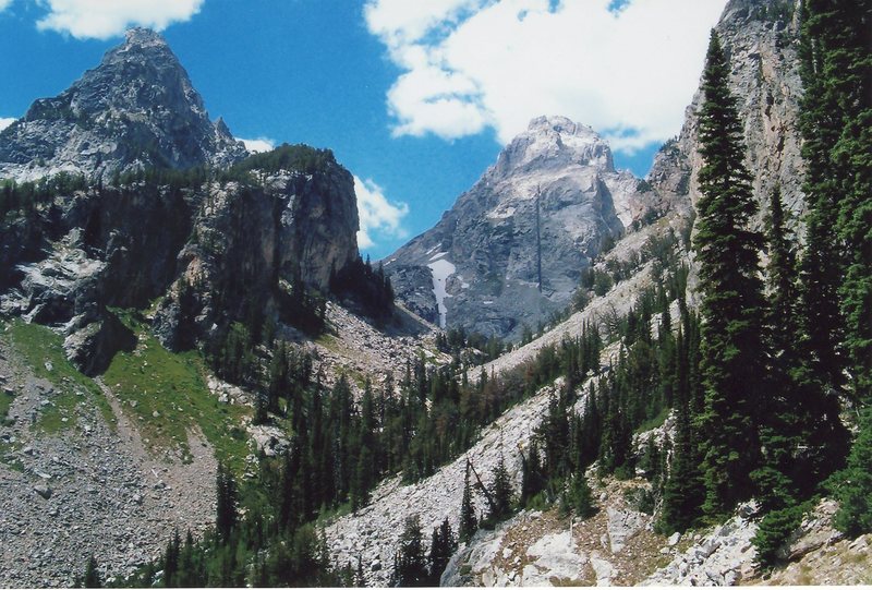 Just a nice picture of Nez Perce (left) and the Middle Teton from the trail in Garnet Canyon. July of 2005