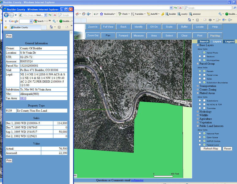 Boulder County Assessor map showing The Watchtower is owned by the county.