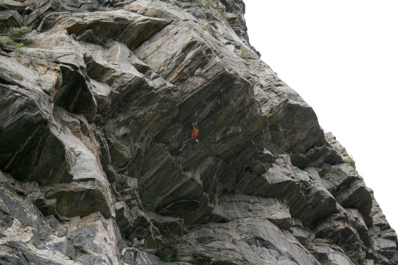 Just above the crux fighting the wicked pump.
