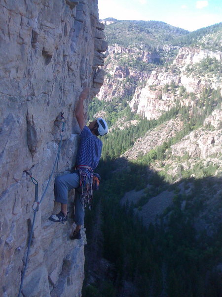 Josh Gross starting P3 (160 ft., 5.12b).