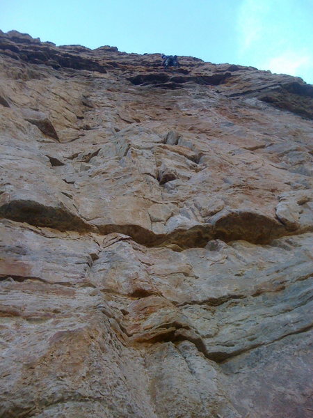 Josh Gross, P3. He's a 120' out of 160' on lead. Those last bolts protect 11+ terrain; go right at final bolt!