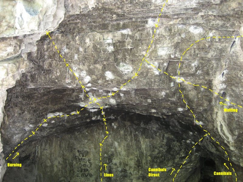 This photo shows the starts of several routes in the cave and where Melting joins onto Burning.