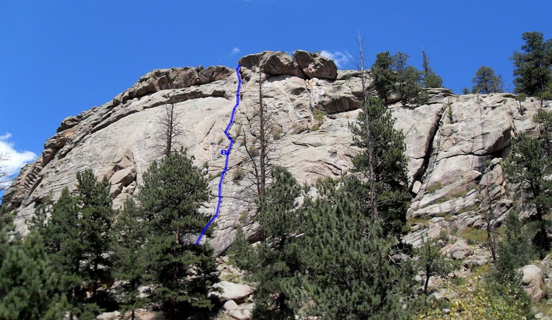 Arch Rock route follows the crack shown with the blue line. The first belay station is labeled with a "B" and is wide and comfortable. For the top belay after the second pitch, recommend belaying on the ledge just above the chimney so you can communicate with your second.