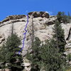 Arch Rock route follows the crack shown with the blue line.  The first belay station is labeled with a "B" and is wide and comfortable.  For the top belay after the second pitch, recommend belaying on the ledge just above the chimney so you can communicate with your second.
