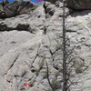 Pitch two.  <br>
<br>
B1 is the belay ledge above pitch one.  You can see the 10 feet of face climbing at the top of the P1 crack to get to the belay ledge.<br>
<br>
B2 is the belay ledge near the summit for the second pitch.  You can see the dark chimney near the top.  Belay on the ledge just at the top of the chimney.