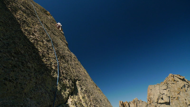 Leading on the beautifully exposed second tower pitch.. 