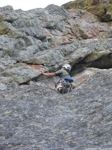 The 5.9 crux on P2 is under this huge flake. It protects well with small cams and nuts but I also stuck a .75 cam in that crack I am looking at on the left.