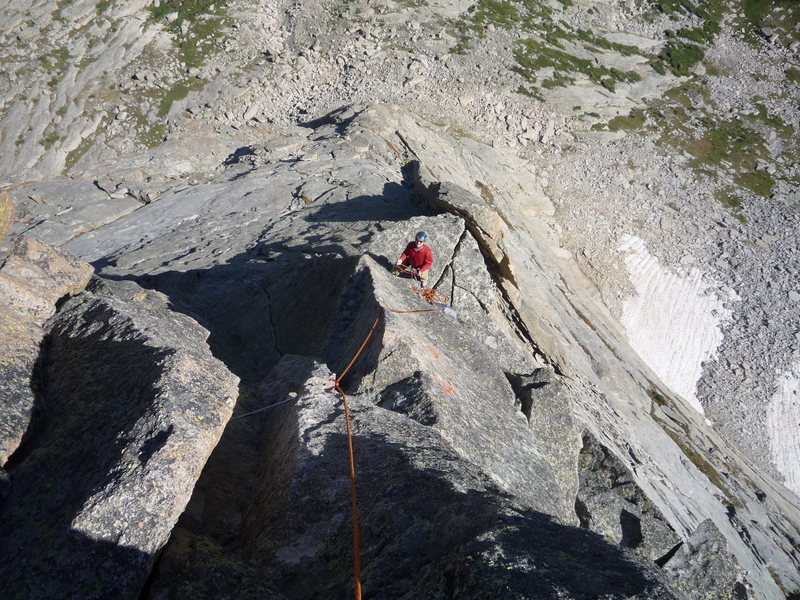 Looking down the ridge from the top of the last technical pitch.