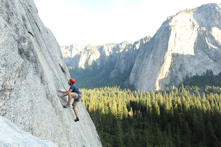 Alex Abzug enjoying Pine Line, at the Base of El Cap