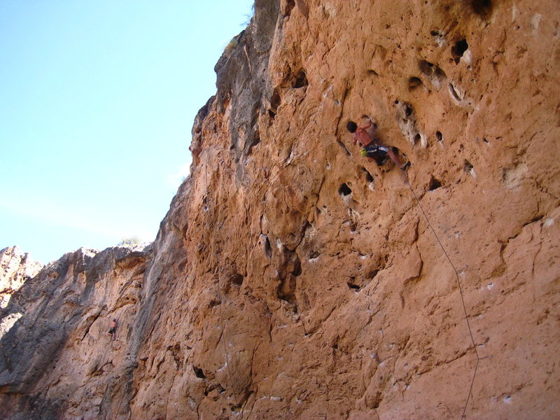 Beginning the crux on Broken Arrows