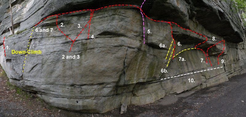 The left side of Doug's Roof: 1. The Dark Bulge (V0), 2. Blasting Hole Problem Left (V1), 3. Blasting Hole Problem Right (V2), 4. Larsen's Leap (V1), 5. Gill's Double Clutch (V4), 6. Middle Traverse (V1), 6a. Middle Traverse Variation 1 (V1), 6b. Middle Traverse Variation 2 (V1), 7. High Traverse (V4), 7a. High Traverse Variation 1 (V4), 8. Left Bulge (V2), 9. Direct Bulge (V6), 10. Low Traverse (V0)