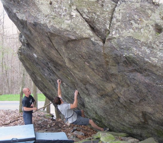 Shane Messer on "True Grit" (V-5) at the "Contact Station Boulders", Grayson Highlands State Park VA