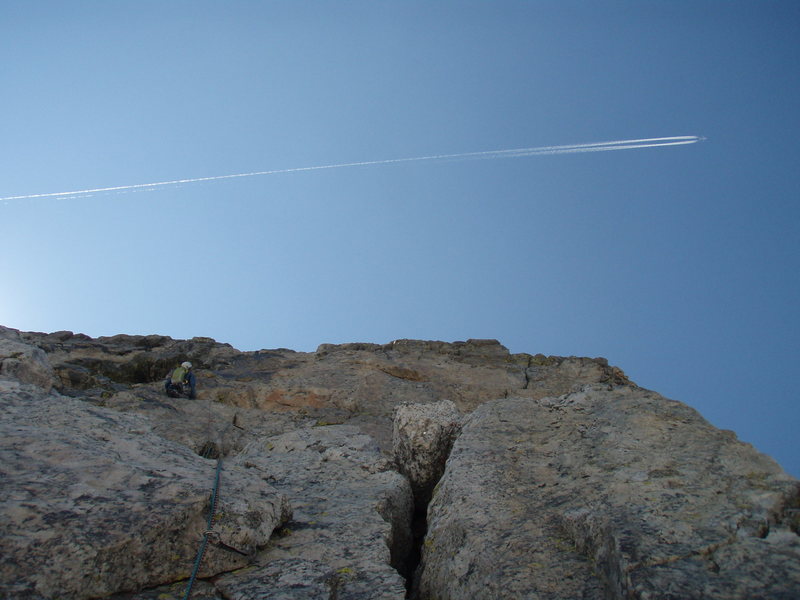 Doug leading pitch #3..no 4, or was it 3?? The North Rodge of the Grand