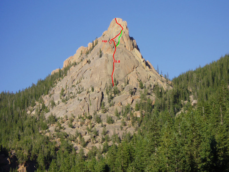 The route we took in red with the green line suggested to avoid the rappel.