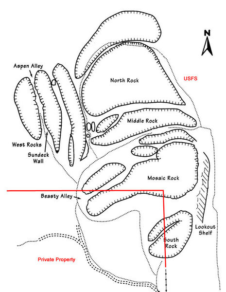Map:"The property line runs from approximately the current east corner by the access gate in a straight line over the top of South Rock to the top middle of the Chicken Heads/Mosaic Wall mount, and from there west down the mount slope to the meadow just south of the Alley climbs. Some of the most popular routes are completely on private property. There are survey markers on the top of South rock (the mysterious aluminum stake stuck in the rock) and on top of the Mosaic rock (most of the time buried in water in a pot hole.) The red line shows approximate boundry." as quoted from Jan Studebaker