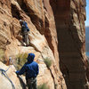 Robbie Colbert and Bill Ohran on the big ledge at the top of the 5th pitch, getting ready to start the FA of pitch 6.