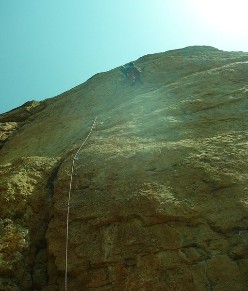 Near the end of the bulging crux. Photo by Paul Rezucha.