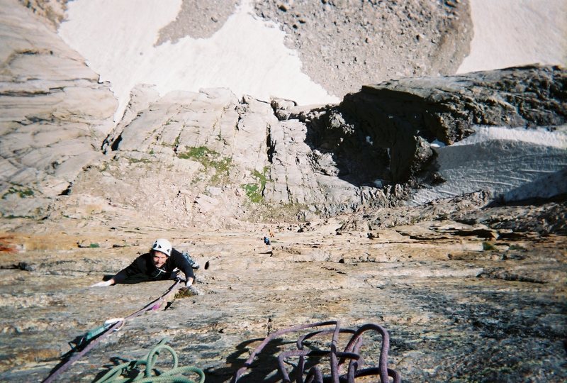 Pat following the first 11a pitch above off of Crossover Ledge.