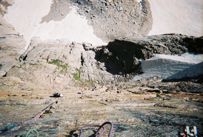 Pat following the first 11a pitch off Crossover Ledge; party below is coming up Yellow Wall.