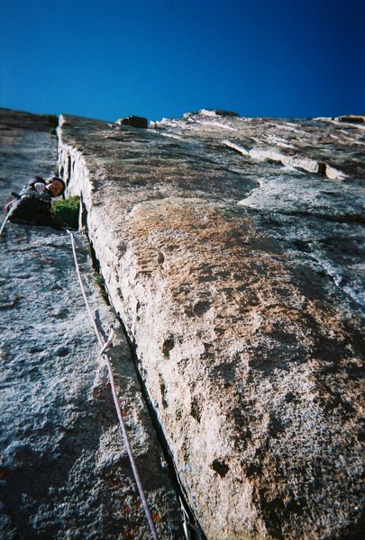 Pat leading the pitch into the Dagger, which we felt to be the crux.