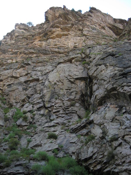 looking up at the route from across the creek. also can see the headwall of Solid Gold upper right of this photo.