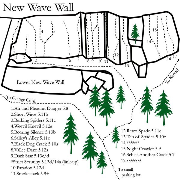 The New Wave map.... please comment if you know the names and or grades of the mystery routes.... if i get info on it i will update the map...