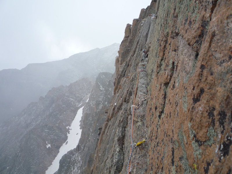Roth across the Table Ledge crack pitch. Casual Route, Longs Peak.