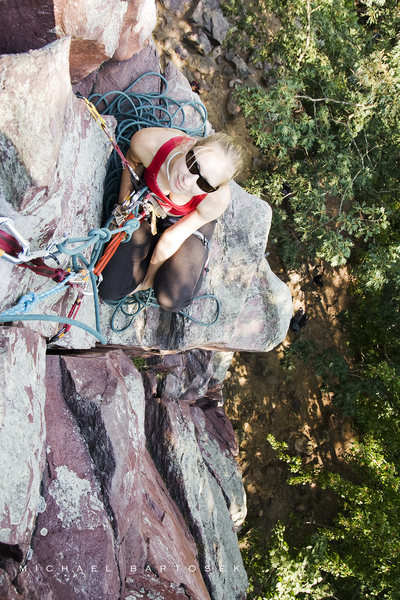 At the belay ledge near the top of JOSEPH (5.4).